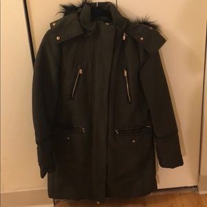 Military Green Winter Coat! gold/leather details